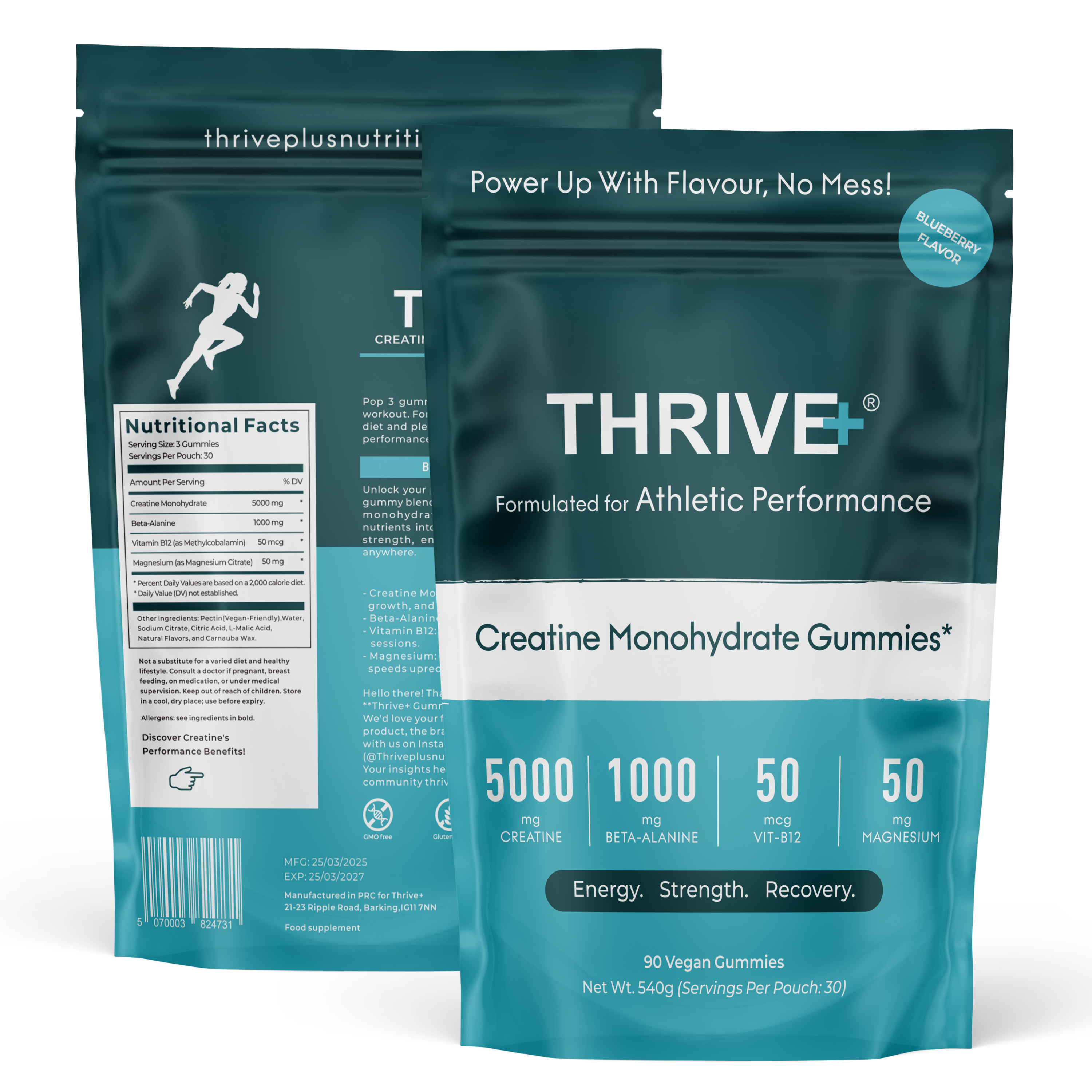 THRIVE+ blueberry creatine gummies front and back packaging