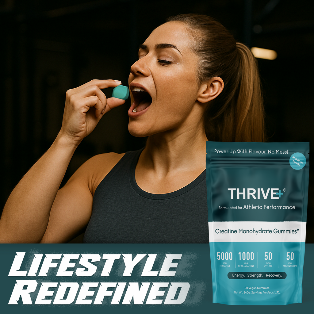 Woman taking THRIVE+ blueberry creatine gummy for energy