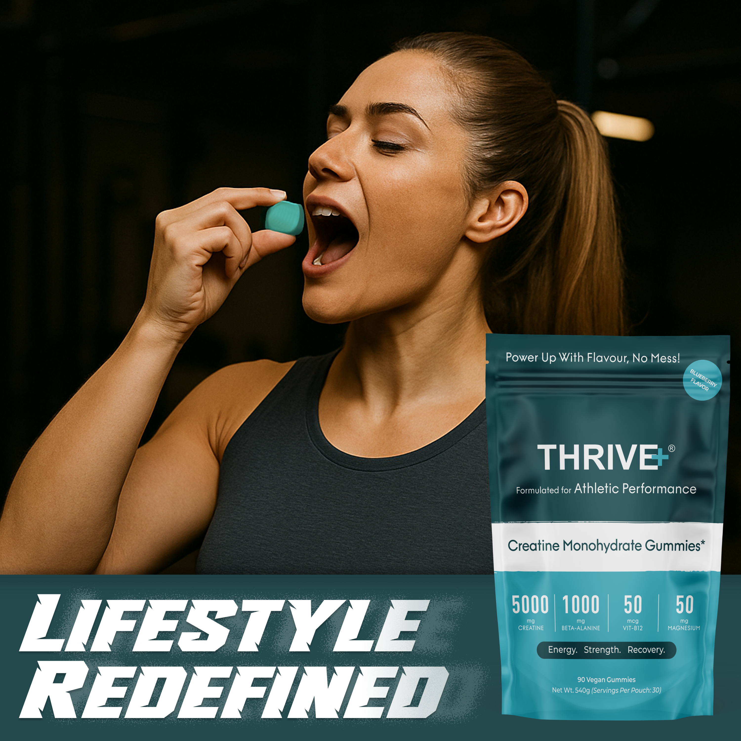 Woman taking THRIVE+ blueberry creatine gummy for energy
