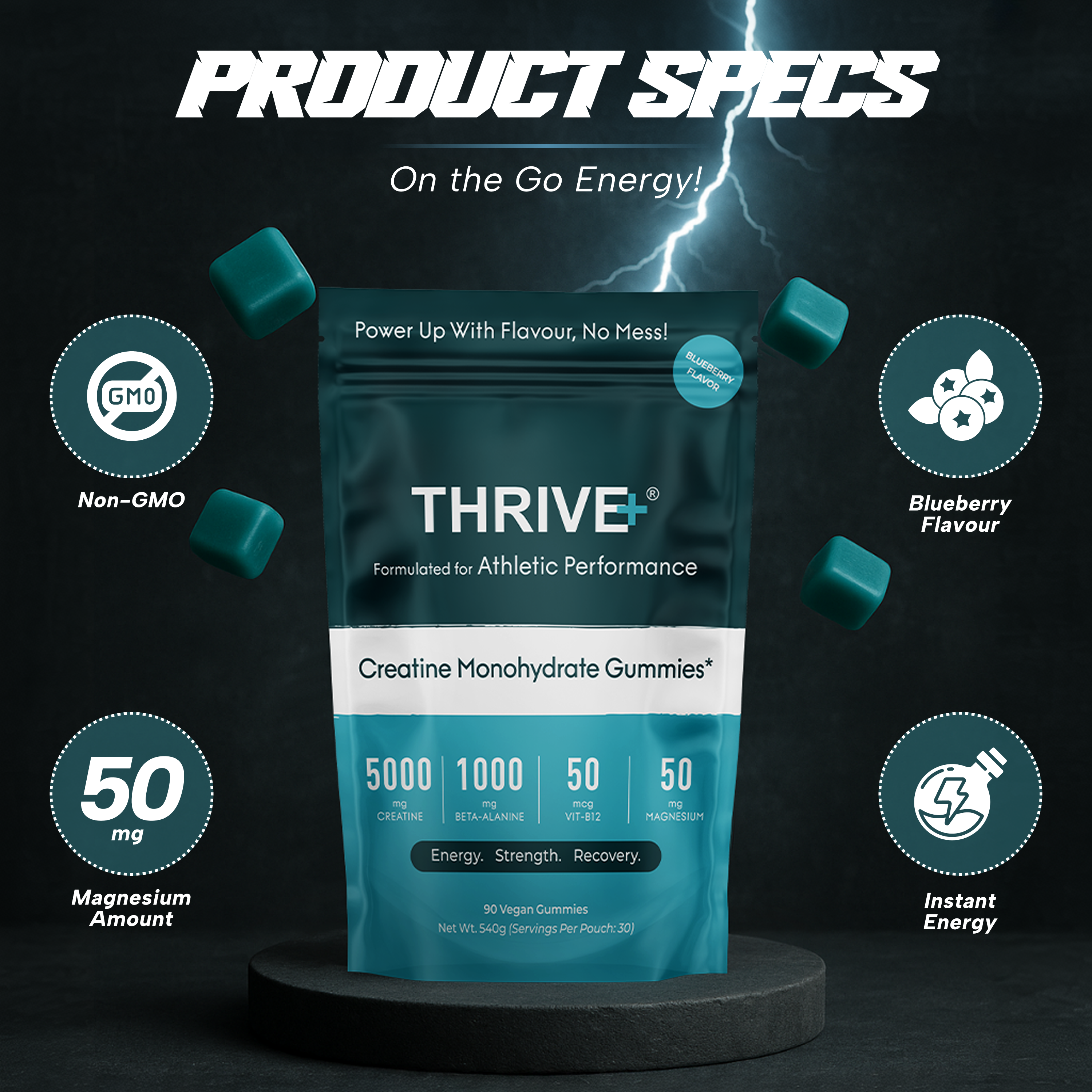 THRIVE+ blueberry creatine gummies pack with product specs