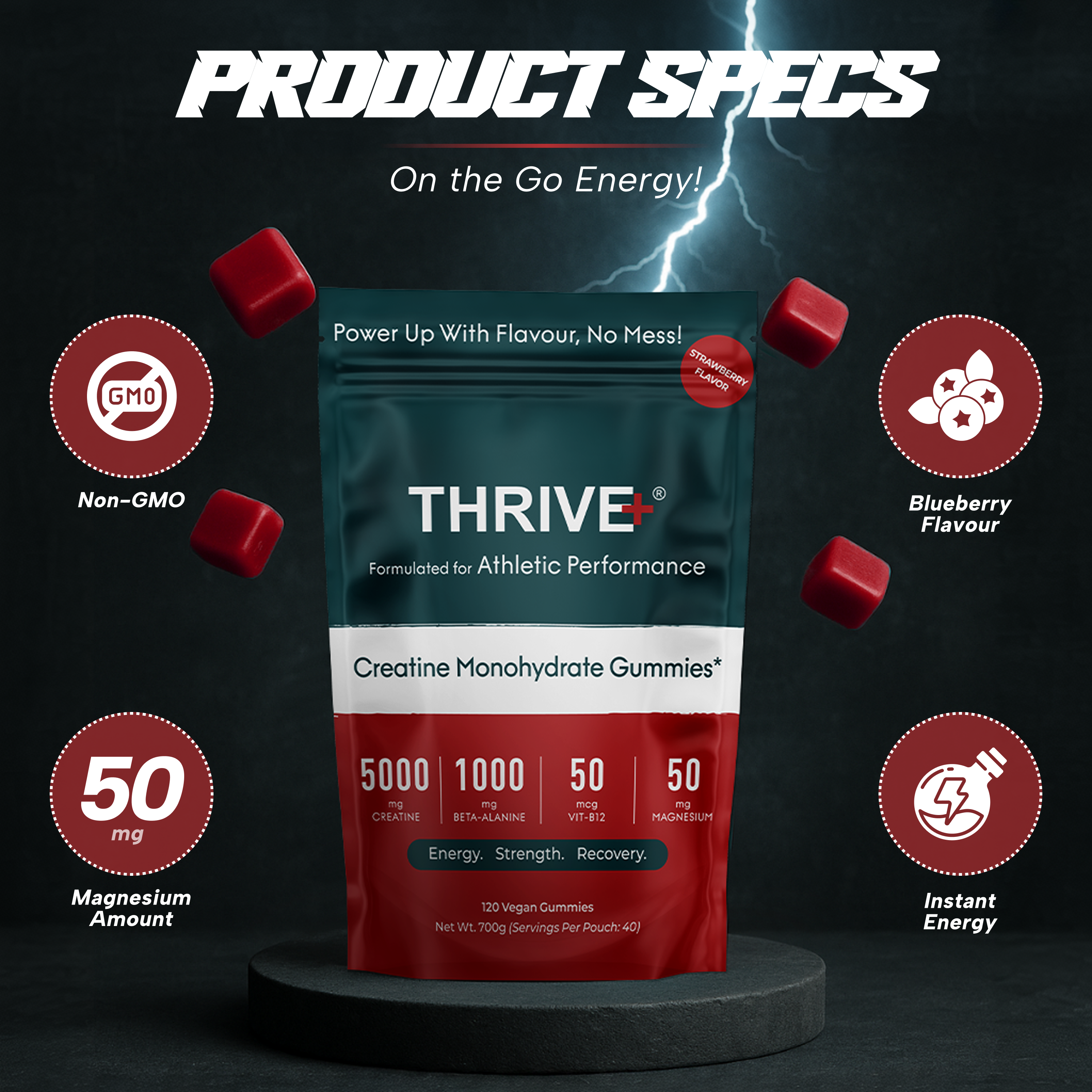 THRIVE+ strawberry creatine gummies pack with product specs
