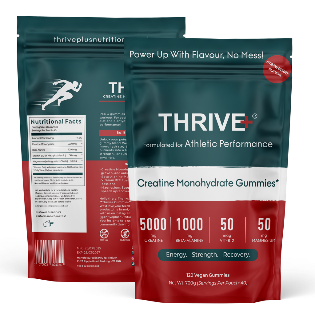 THRIVE+ strawberry creatine gummies front and back packaging
