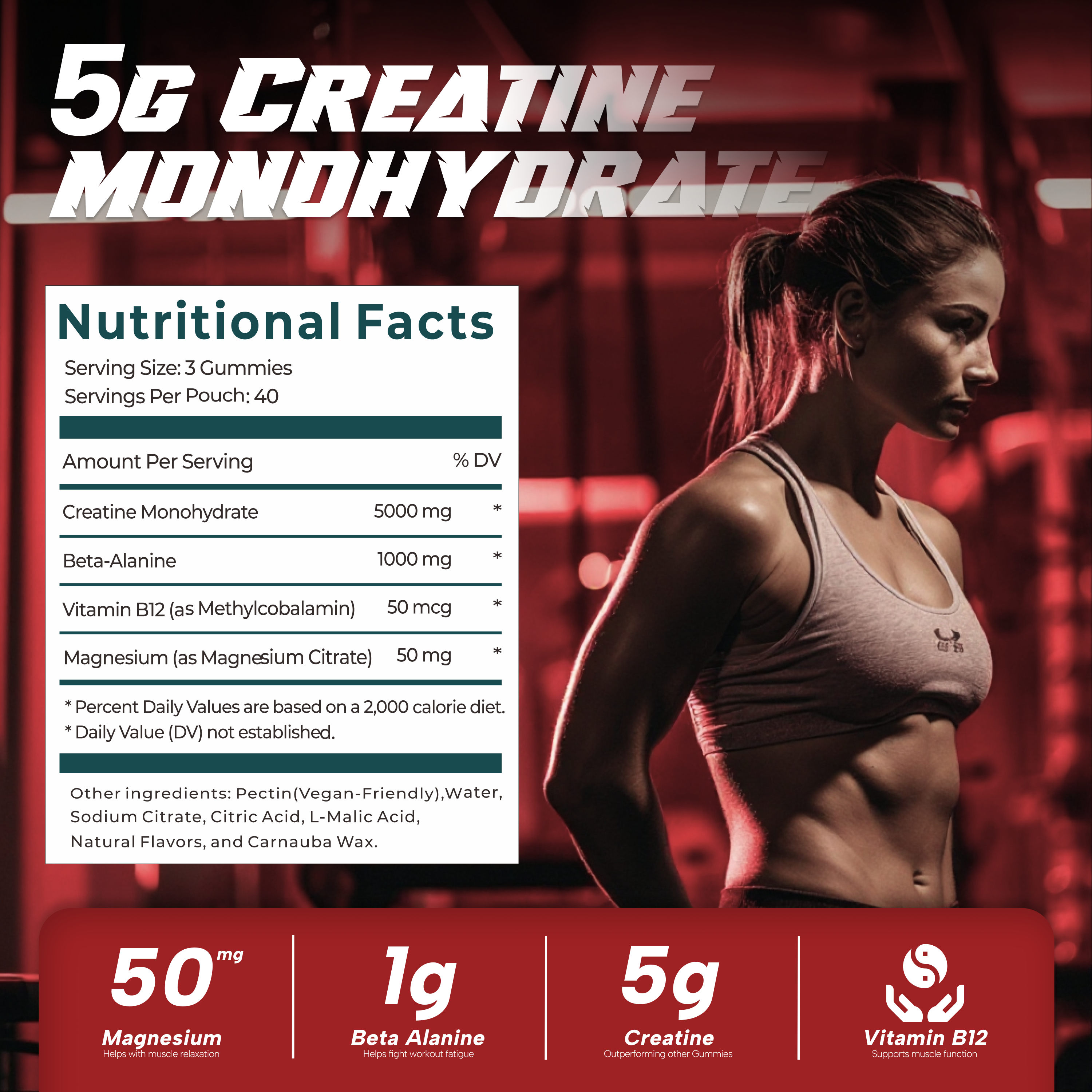 THRIVE+ strawberry creatine gummies nutrition facts with 5g creatine