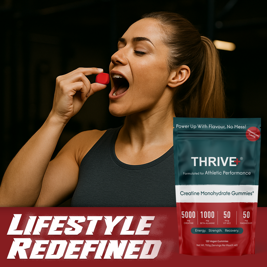Woman taking THRIVE+ strawberry creatine gummy for energy