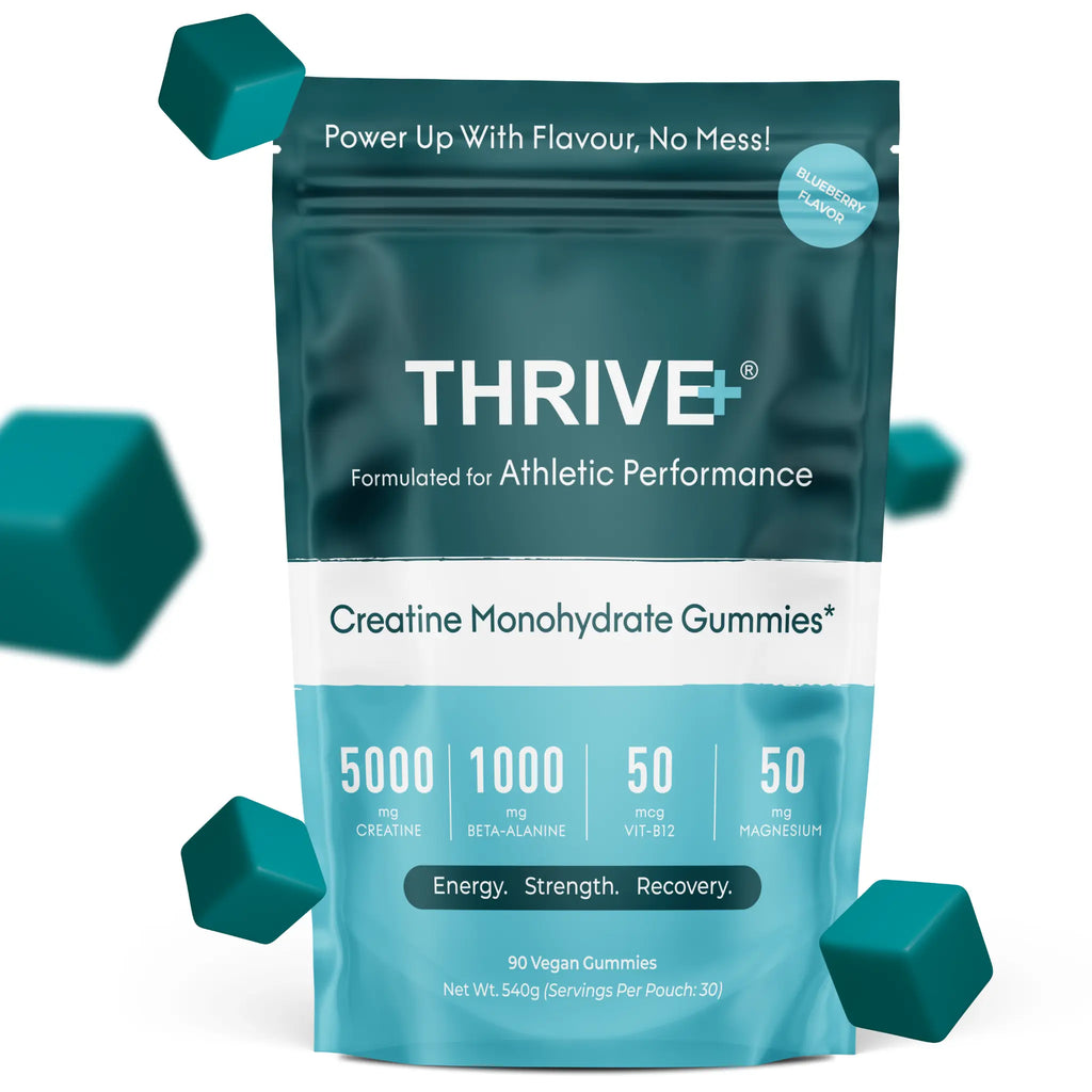 Package of THRIVE Creatine Monohydrate Gummies with blue and white design